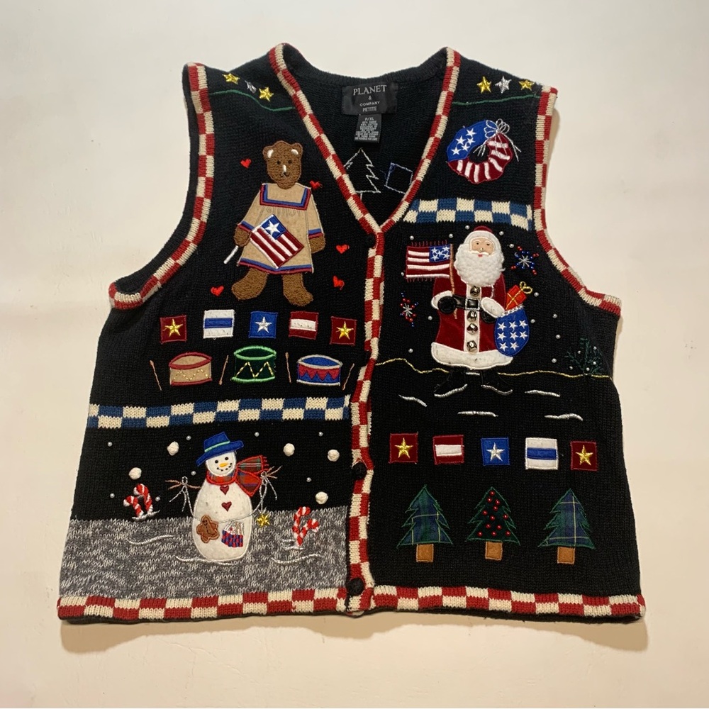 Planet & Company Women’s Petite XL Black Vest American Christmas Ramie Cotton